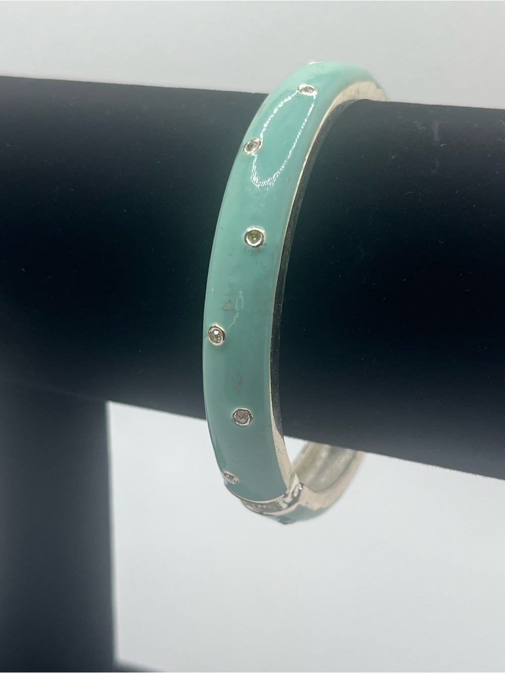 Mint green enamel hinged bangle bracelet silver tone rhinestone dots